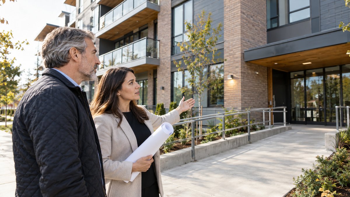 A modern Canadian mid-rise rental apartment building with accessible entrance ramp and energy-efficient windows.