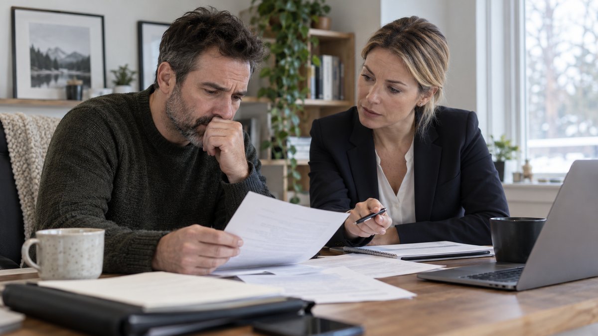 A worried but composed homeowner and a supportive adviser review urgent household paperwork together in a quiet home office.