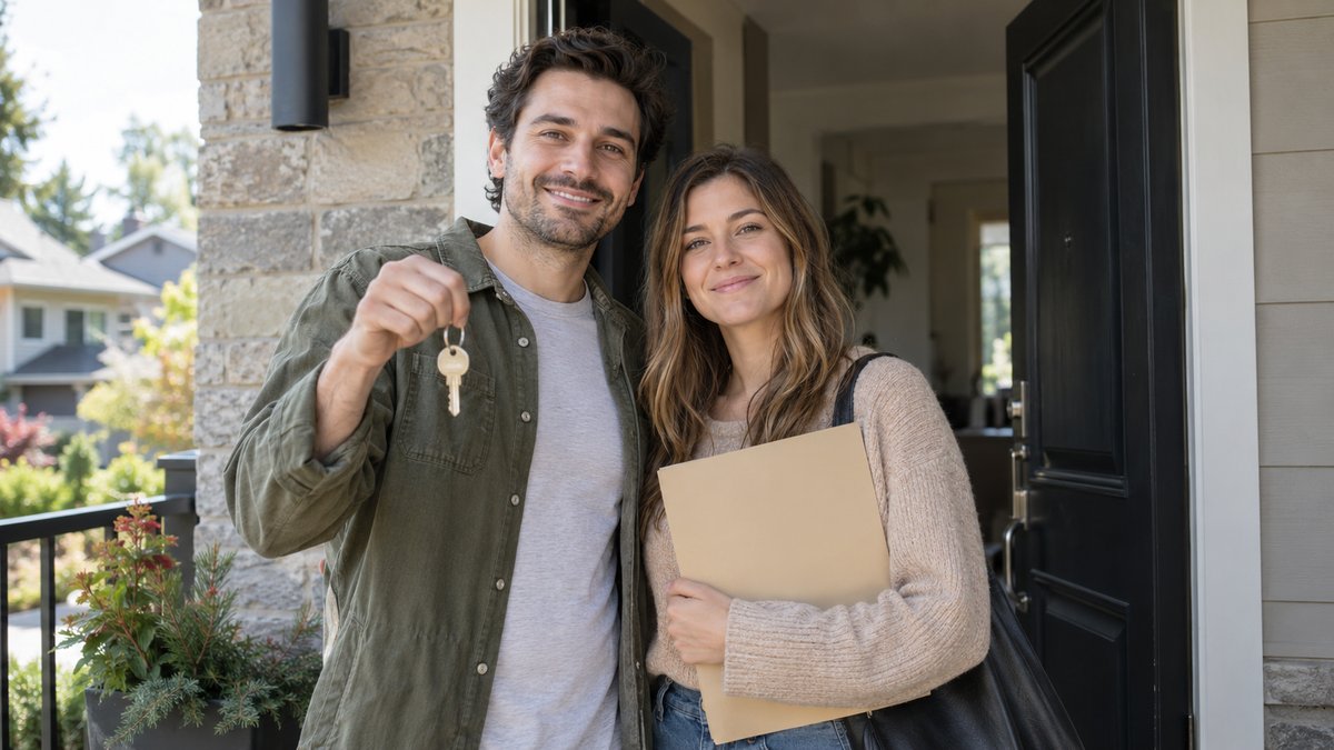 A first-time homebuyer couple stands at the doorway of a modest Canadian house holding keys and a plain closing folder.