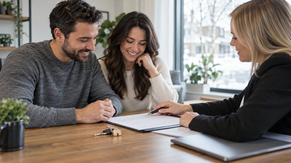 A couple reviews closing documents with a mortgage adviser beside a house key on a desk.