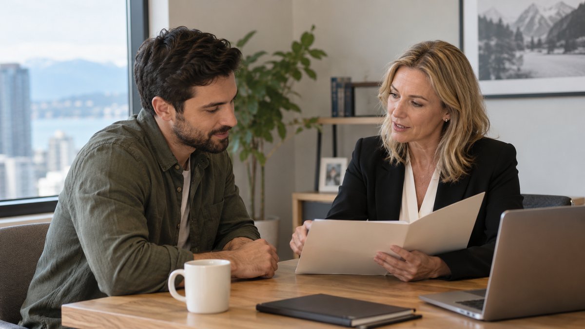 A prospective homebuyer meets a mortgage adviser to review a plain application folder.