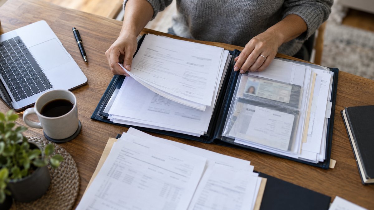 Top-down photograph of hands organizing plain income papers.