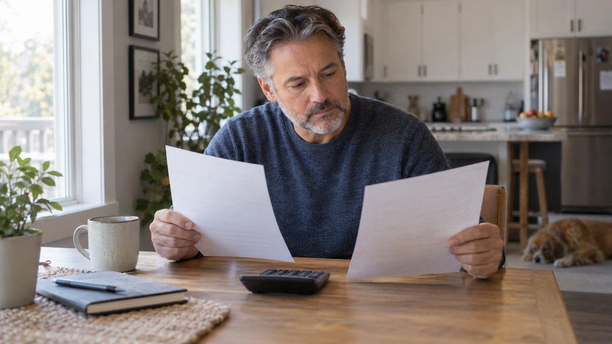 A middle-aged homeowner compares two plain mortgage renewal letters with a calculator at a kitchen table.