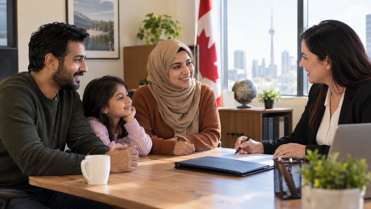 A newcomer family meets a mortgage adviser in a welcoming Canadian office.