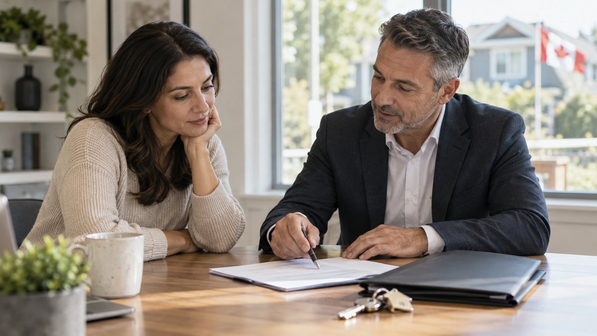 A homeowner and independent lending adviser discuss a short-term mortgage plan at a quiet desk.