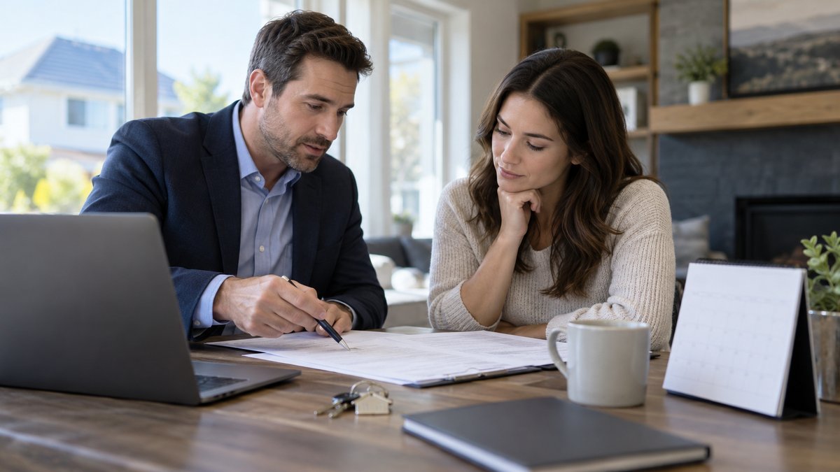 A buyer and private mortgage adviser review a property purchase and repayment plan beside keys and a plain calendar on a desk.