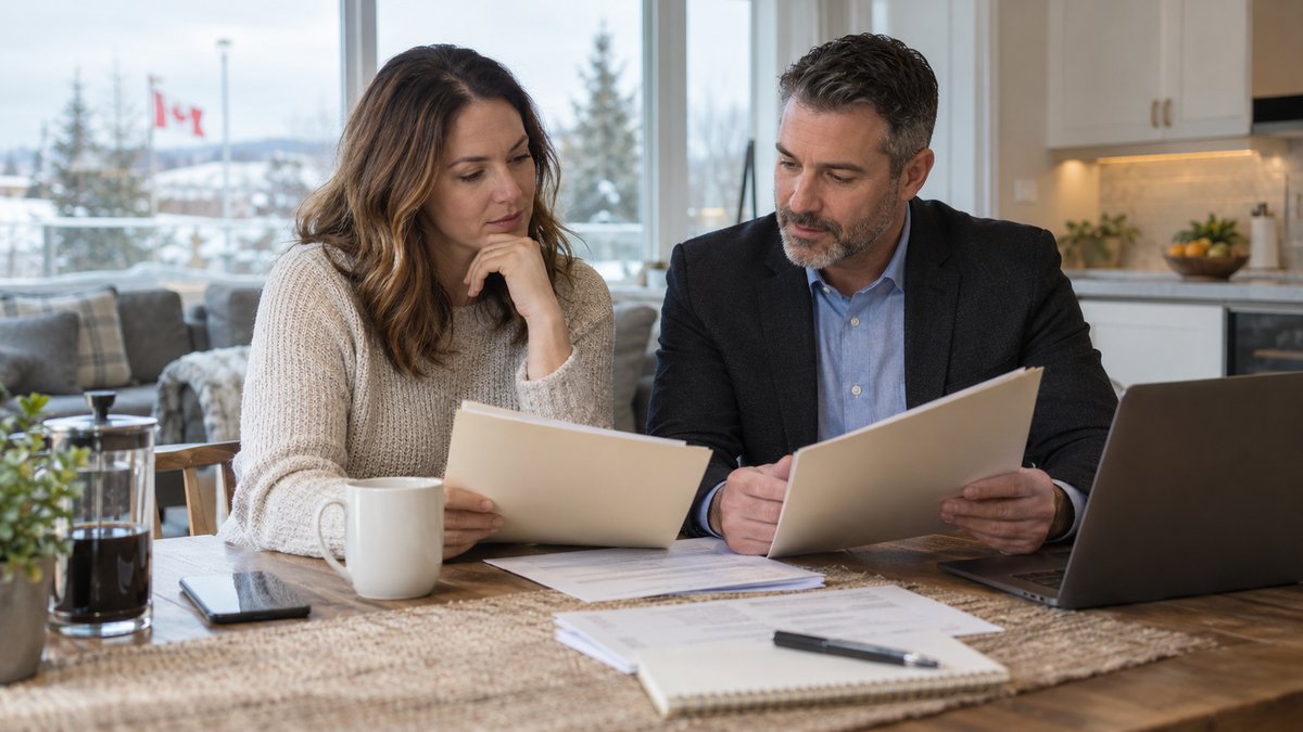 A homeowner and adviser compare two plain loan folders and a household budget at a table.