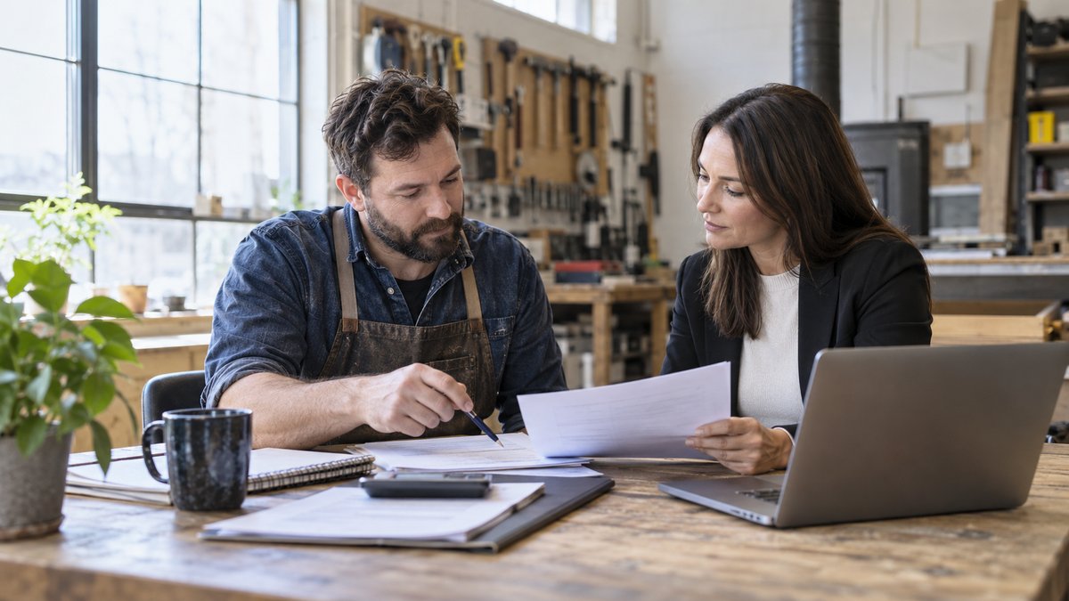 A self-employed small-business owner reviews bookkeeping records and a mortgage application with an adviser in a workshop office.