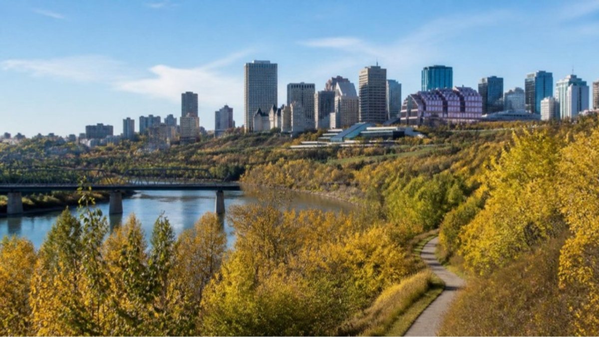 Edmonton skyline across the North Saskatchewan River valley in autumn