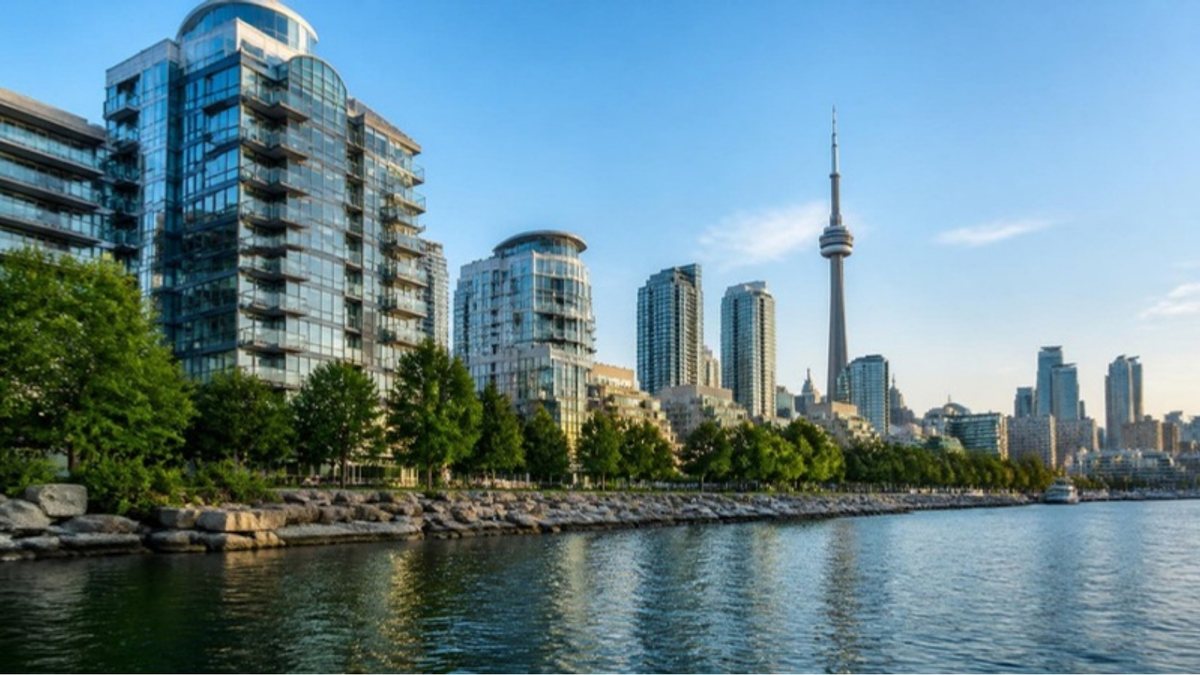 Toronto waterfront condominium towers and the CN Tower from the lakeshore