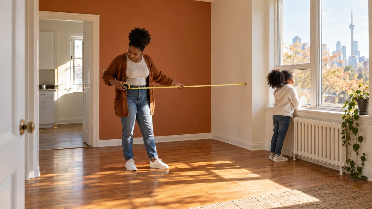 Parent measuring an apartment while her child looks out the window