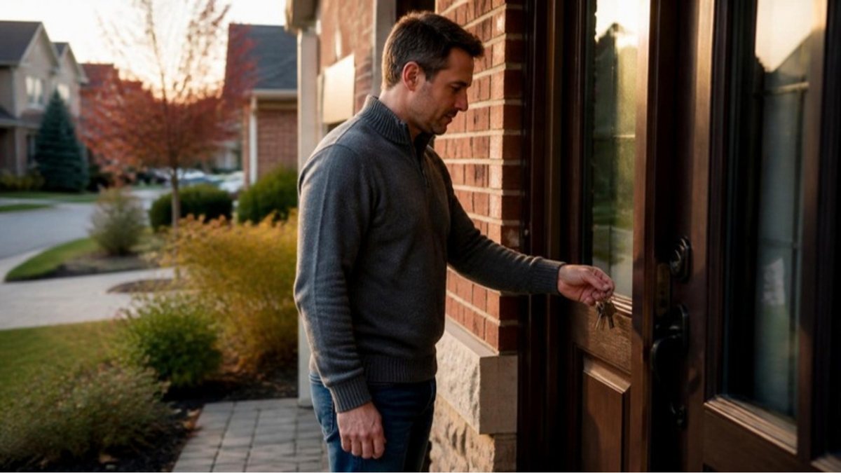 Homeowner unlocking the front door of a brick detached house in autumn