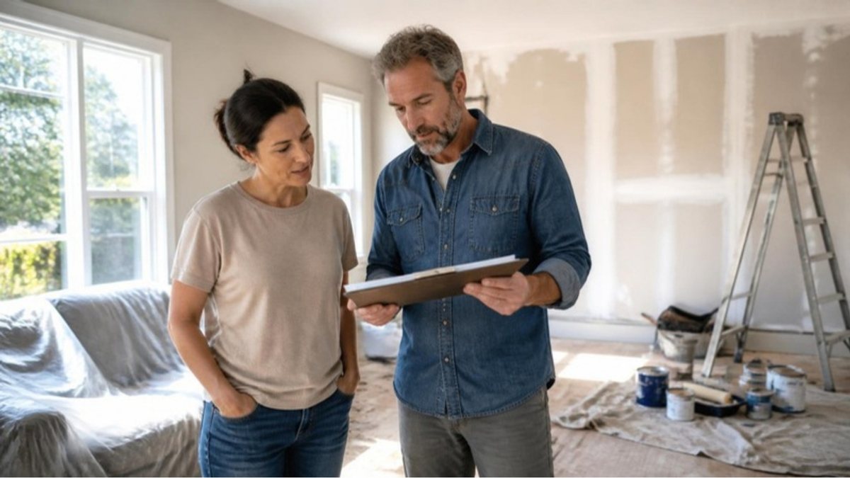 Homeowner and contractor reviewing renovation plans in a living room