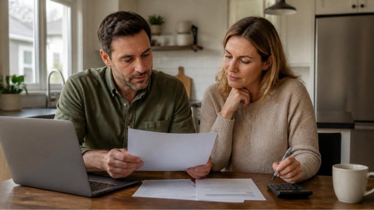 Couple at a kitchen table reviewing mortgage documents with a laptop