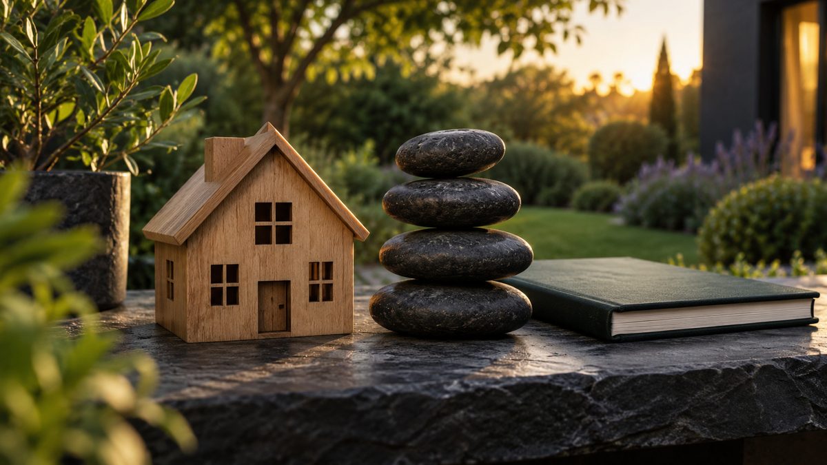 Wooden model home beside balanced stones and an investment ledger